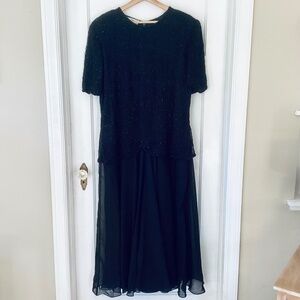 Vtg JMD New York Beaded Full Skirt Formal Evening Black Dress 3X sheer Eventwear